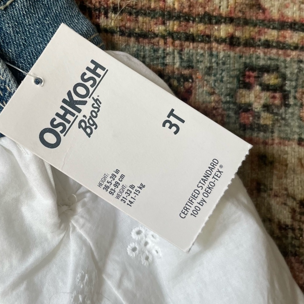 Oshkosh B’Gosh Girls Overall Jean White Cotton Eyelet Dress NWT Size 3T - Picture 4 of 5